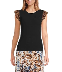 Skies Are Blue Crew Neck Contrast Ruffle Cap Sleeve Knit Top