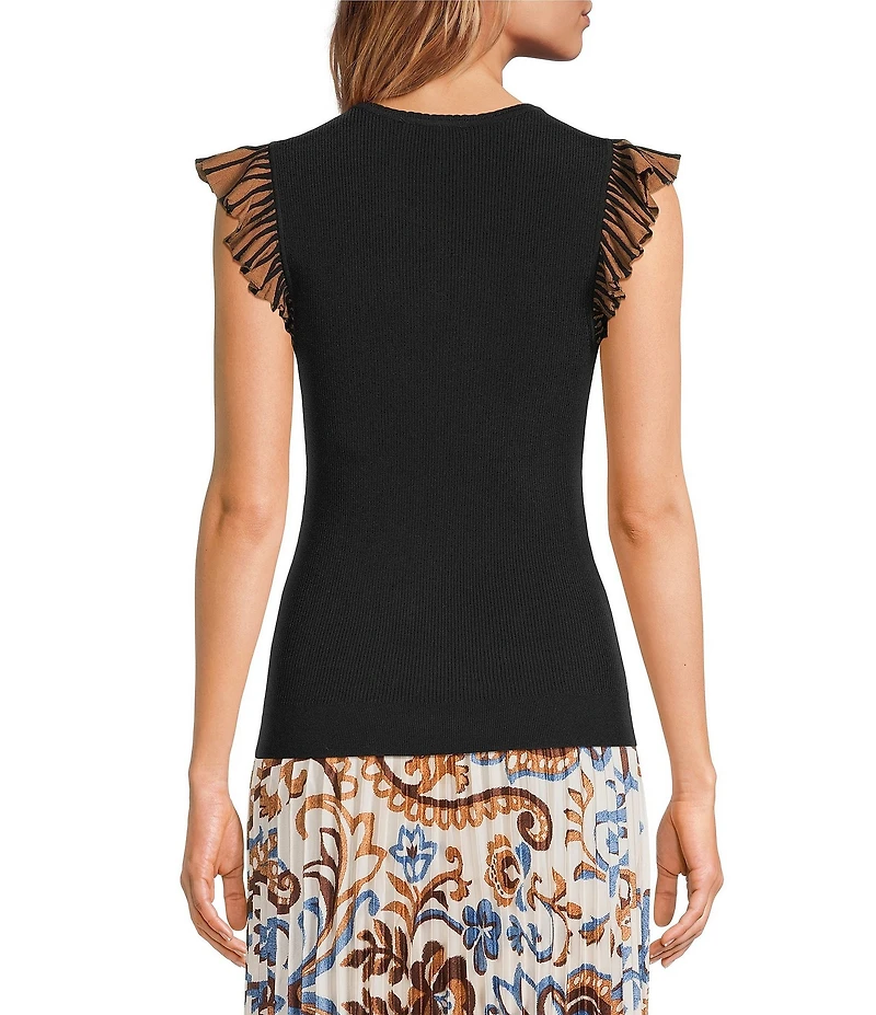 Skies Are Blue Crew Neck Contrast Ruffle Cap Sleeve Knit Top