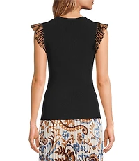 Skies Are Blue Crew Neck Contrast Ruffle Cap Sleeve Knit Top