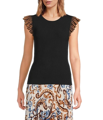 Skies Are Blue Crew Neck Contrast Ruffle Cap Sleeve Knit Top