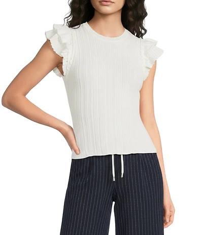 Skies Are Blue Crew Neck Ruffle Cap Sleeve Sweater Knit Top