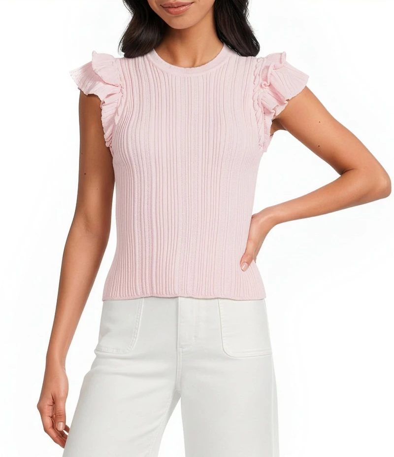 Skies Are Blue Crew Neck Ruffle Cap Sleeve Sweater Knit Top