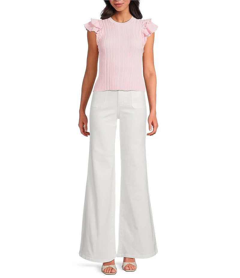 Skies Are Blue Crew Neck Ruffle Cap Sleeve Sweater Knit Top