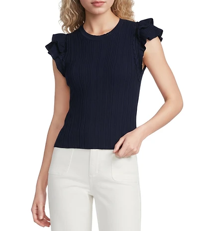 Skies Are Blue Crew Neck Ruffle Cap Sleeve Sweater Knit Top