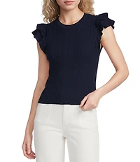 Skies Are Blue Crew Neck Ruffle Cap Sleeve Sweater Knit Top