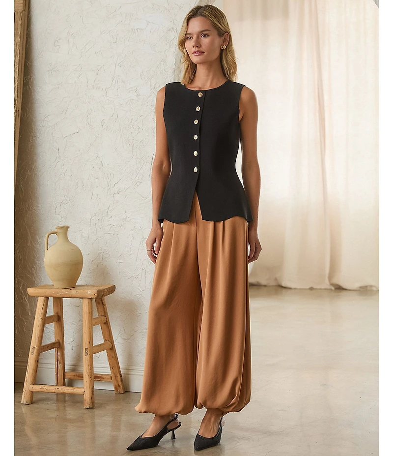 Skies Are Blue Crew Neck Sleeveless Button Front Knit Peplum Vest