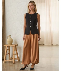 Skies Are Blue Crew Neck Sleeveless Button Front Knit Peplum Vest
