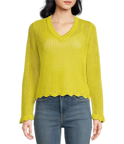 Skies Are Blue Crochet V-Neck Long Sleeve Scallop Hem Top