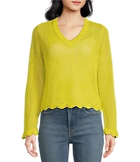 Skies Are Blue Crochet V-Neck Long Sleeve Scallop Hem Top