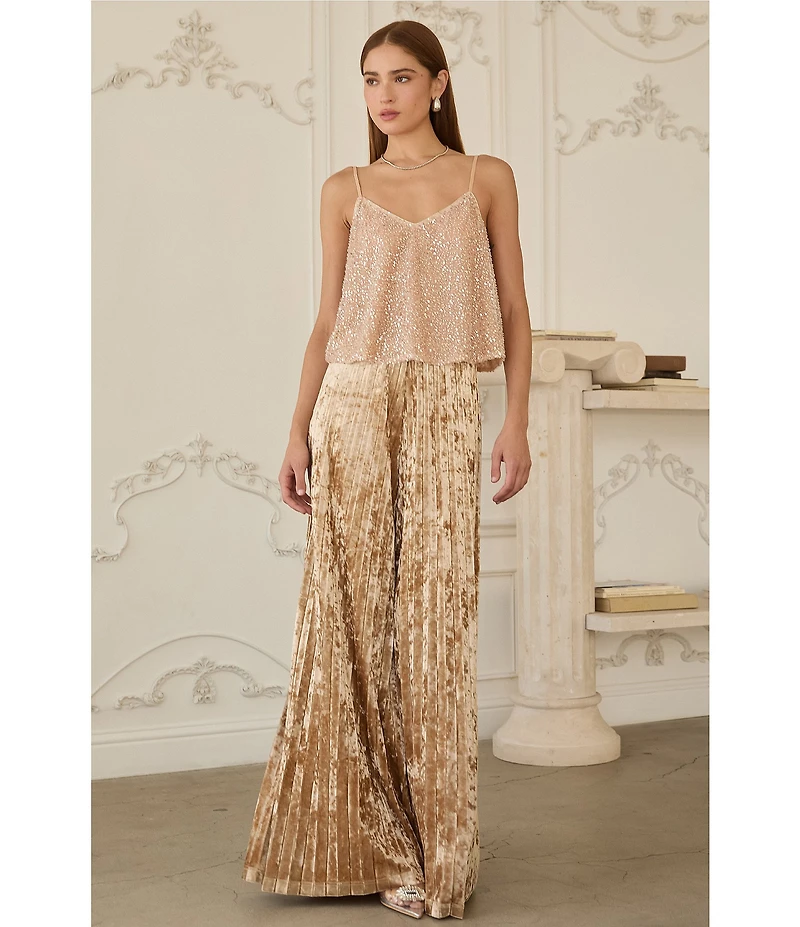 Skies Are Blue Crushed Velvet Pleated High Waist Wide Leg Pants