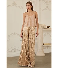 Skies Are Blue Crushed Velvet Pleated High Waist Wide Leg Pants