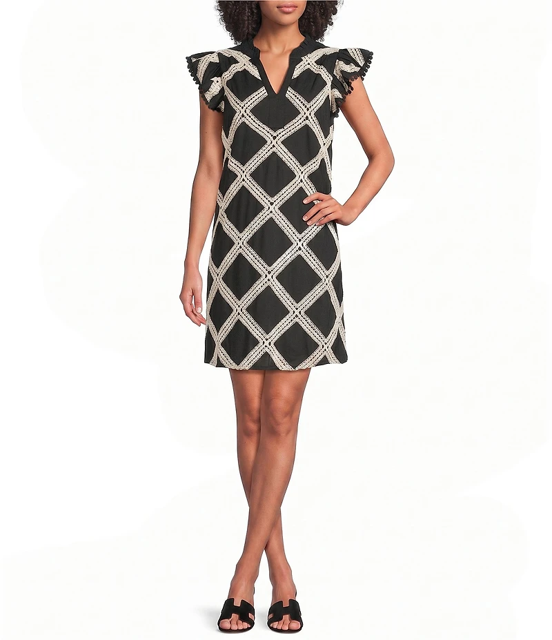 Skies Are Blue Diamond Macrame Embroidered Split V-Neck Ruffle Cap Sleeve Shift Mini Dress