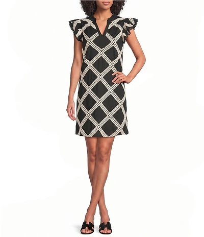 Skies Are Blue Diamond Macrame Embroidered Split V-Neck Ruffle Cap Sleeve Shift Mini Dress