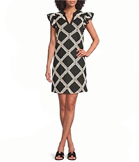 Skies Are Blue Diamond Macrame Embroidered Split V-Neck Ruffle Cap Sleeve Shift Mini Dress