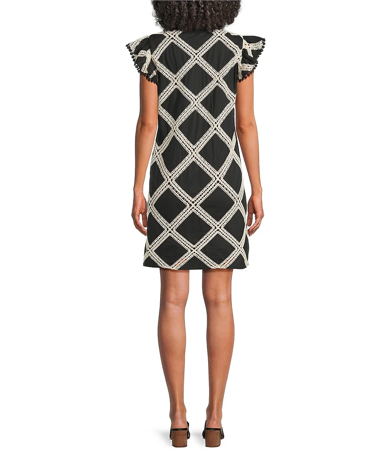 Skies Are Blue Diamond Macrame Embroidered Split V-Neck Ruffle Cap Sleeve Shift Mini Dress