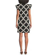 Skies Are Blue Diamond Macrame Embroidered Split V-Neck Ruffle Cap Sleeve Shift Mini Dress