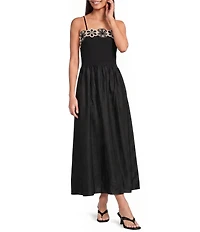 Skies Are Blue Embroidered Floral Lace Trim Square Neck Sleeveless Mixed Media A-Line Midi Dress