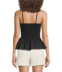 Skies Are Blue Embroidered Trim Square Neck Sleeveless Mixed Media Peplum Cami Top