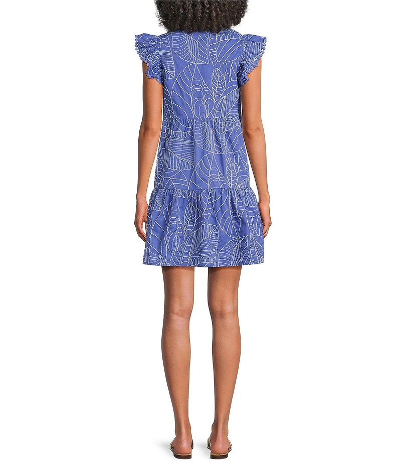 Skies Are Blue Embroidered V-Neck Ruffle Sleeve Mini Dress