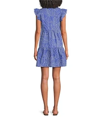 Skies Are Blue Embroidered V-Neck Ruffle Sleeve Mini Dress