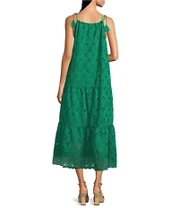 Skies Are Blue Eyelet Crew Neck Tiered Sleeveless Midi Dress