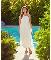 Skies Are Blue Eyelet Crew Neck Tiered Sleeveless Midi Dress