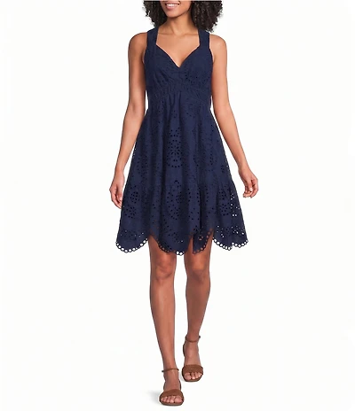 Skies Are Blue Eyelet Embroidered V-Neck Sleeveless Scalloped Hem A-Line Mini Dress