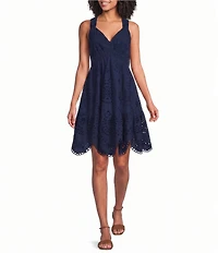 Skies Are Blue Eyelet Embroidered V-Neck Sleeveless Scalloped Hem A-Line Mini Dress