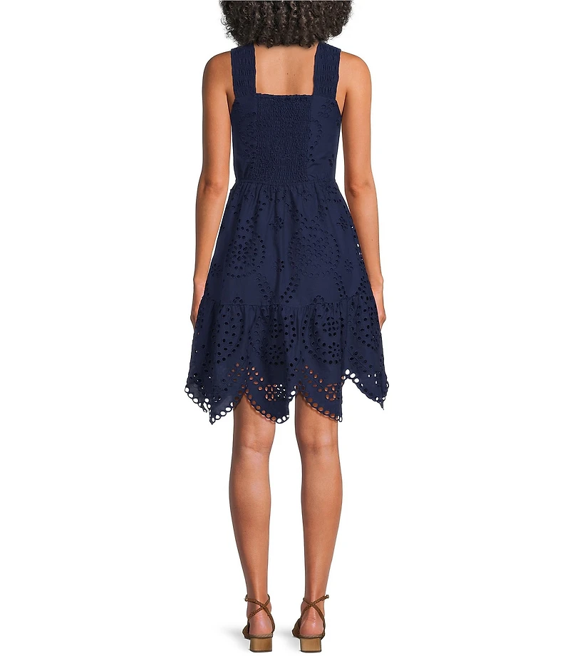 Skies Are Blue Eyelet Embroidered V-Neck Sleeveless Scalloped Hem A-Line Mini Dress