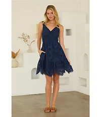 Skies Are Blue Eyelet Embroidered V-Neck Sleeveless Scalloped Hem A-Line Mini Dress