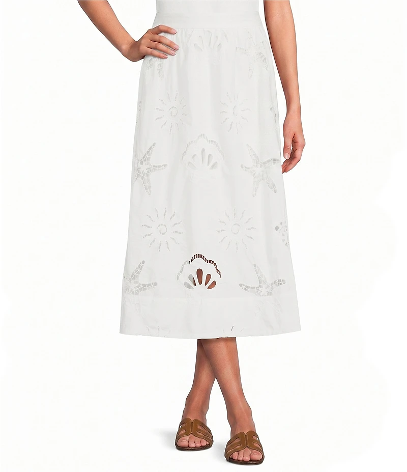 Skies Are Blue Eyelet Lace Sun and Shell Embroidered Coordinating A-Line Midi Skirt