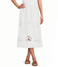 Skies Are Blue Eyelet Lace Sun and Shell Embroidered Coordinating A-Line Midi Skirt