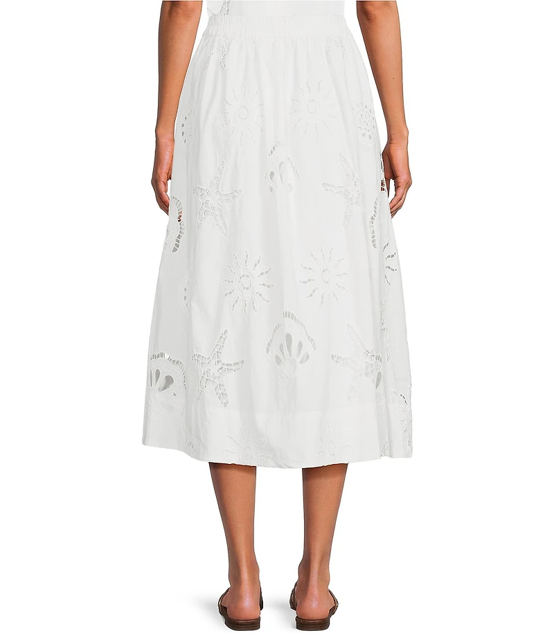 Skies Are Blue Eyelet Lace Sun and Shell Embroidered Coordinating A-Line Midi Skirt