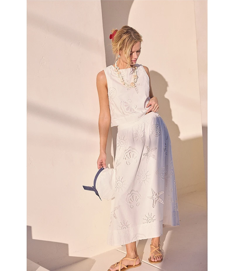 Skies Are Blue Eyelet Lace Sun and Shell Embroidered Coordinating A-Line Midi Skirt