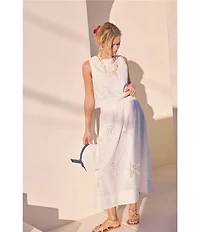 Skies Are Blue Eyelet Lace Sun and Shell Embroidered Coordinating A-Line Midi Skirt