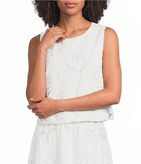 Skies Are Blue Eyelet Lace Sun and Shell Embroidered Crew Neck Sleeveless Coordinating Cropped Top