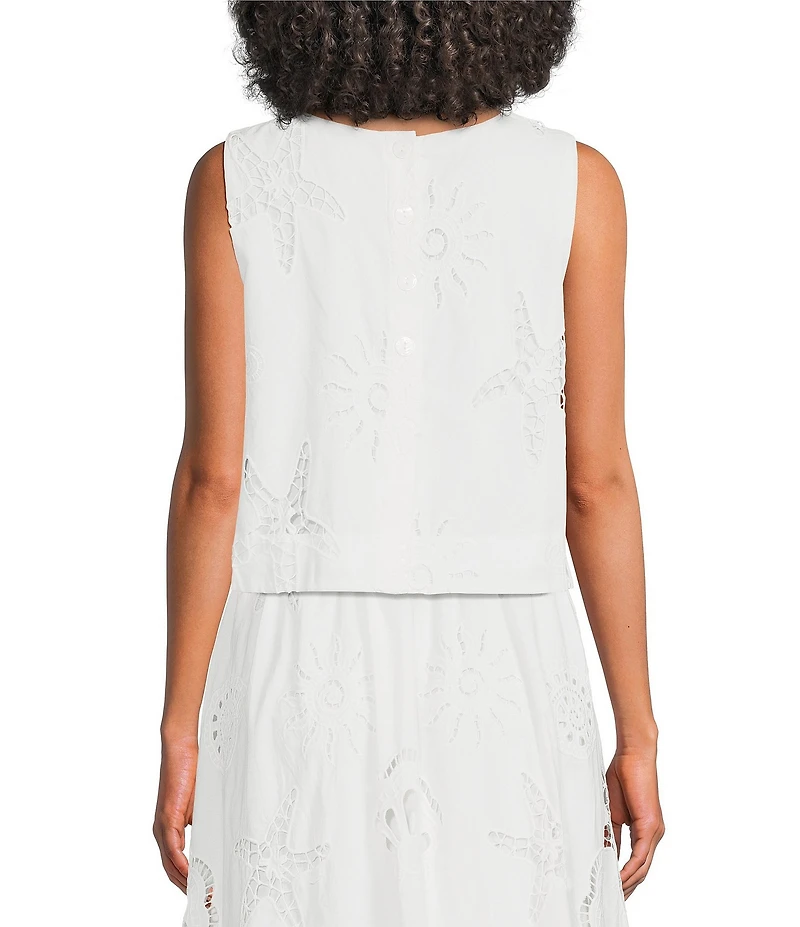 Skies Are Blue Eyelet Lace Sun and Shell Embroidered Crew Neck Sleeveless Coordinating Cropped Top