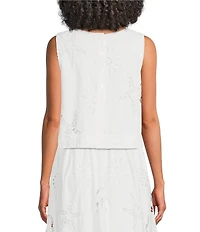 Skies Are Blue Eyelet Lace Sun and Shell Embroidered Crew Neck Sleeveless Coordinating Cropped Top