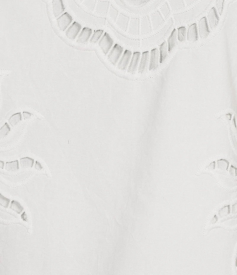 Skies Are Blue Eyelet Lace Sun and Shell Embroidered Crew Neck Sleeveless Coordinating Cropped Top