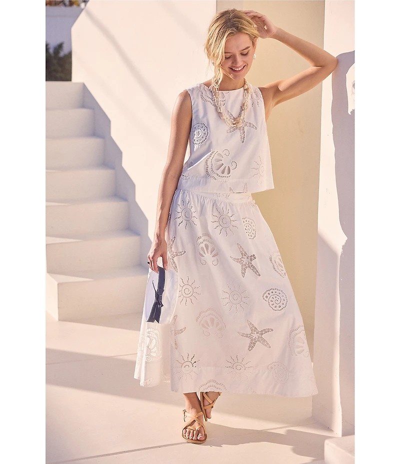 Skies Are Blue Eyelet Lace Sun and Shell Embroidered Crew Neck Sleeveless Coordinating Cropped Top