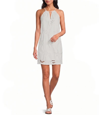 Skies Are Blue Eyelet Lace Sun and Shell Embroidered Halter Neck Sleeveless Mini Shift Dress