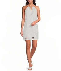 Skies Are Blue Eyelet Lace Sun and Shell Embroidered Halter Neck Sleeveless Mini Shift Dress