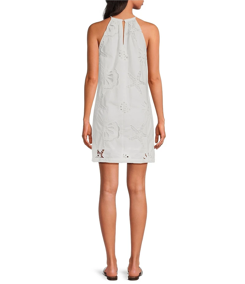 Skies Are Blue Eyelet Lace Sun and Shell Embroidered Halter Neck Sleeveless Mini Shift Dress