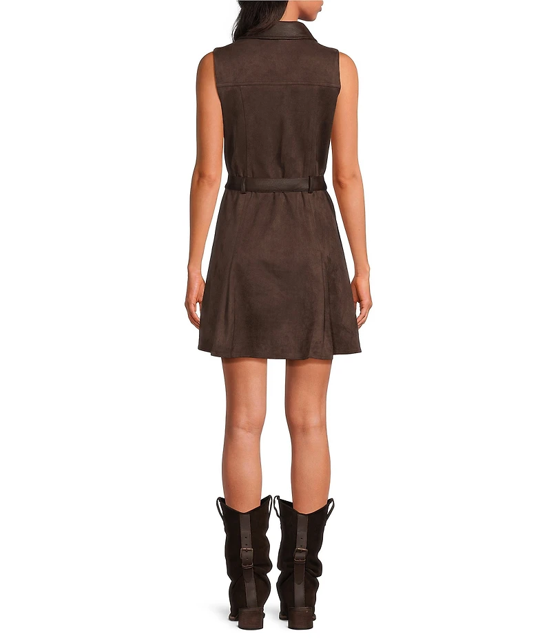 Skies Are Blue Faux Suede Collared Sleeveless Contrast Trim Belted Mini Dress