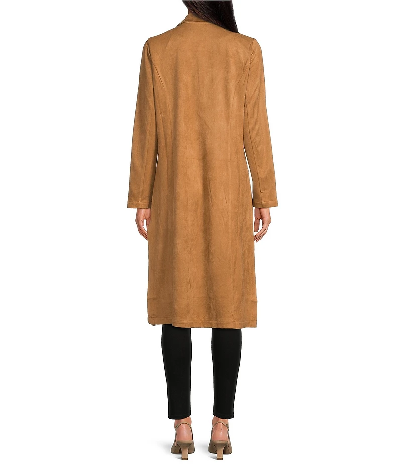 Skies Are Blue Faux Suede Notch Collar Neck Long Sleeve Open Front Duster