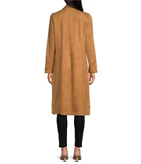 Skies Are Blue Faux Suede Notch Collar Neck Long Sleeve Open Front Duster