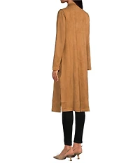 Skies Are Blue Faux Suede Notch Collar Neck Long Sleeve Open Front Duster