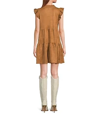 Skies Are Blue Faux Suede Split V-Neck Ruffle Cap Sleeve Tier Dress