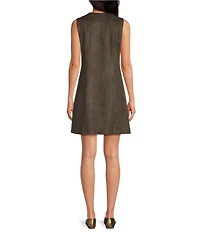 Skies Are Blue Faux Suede V-Neck Sleeveless Button Front A-Line Mini Dress