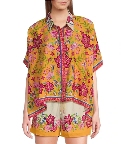 Skies Are Blue Floral Border Button Down Collar Short Sleeve Scarf Hem Coordinating Top